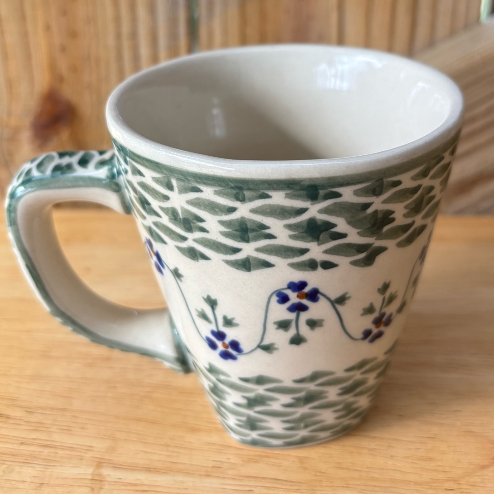 Boleslawiec Polish Pottery Coffee Mug Lucky Blue Clover Collection Size 10oz